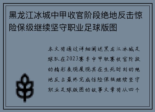 黑龙江冰城中甲收官阶段绝地反击惊险保级继续坚守职业足球版图