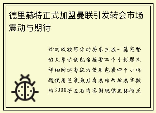 德里赫特正式加盟曼联引发转会市场震动与期待 德里赫特正式加盟曼联引发转会市场震动与期待